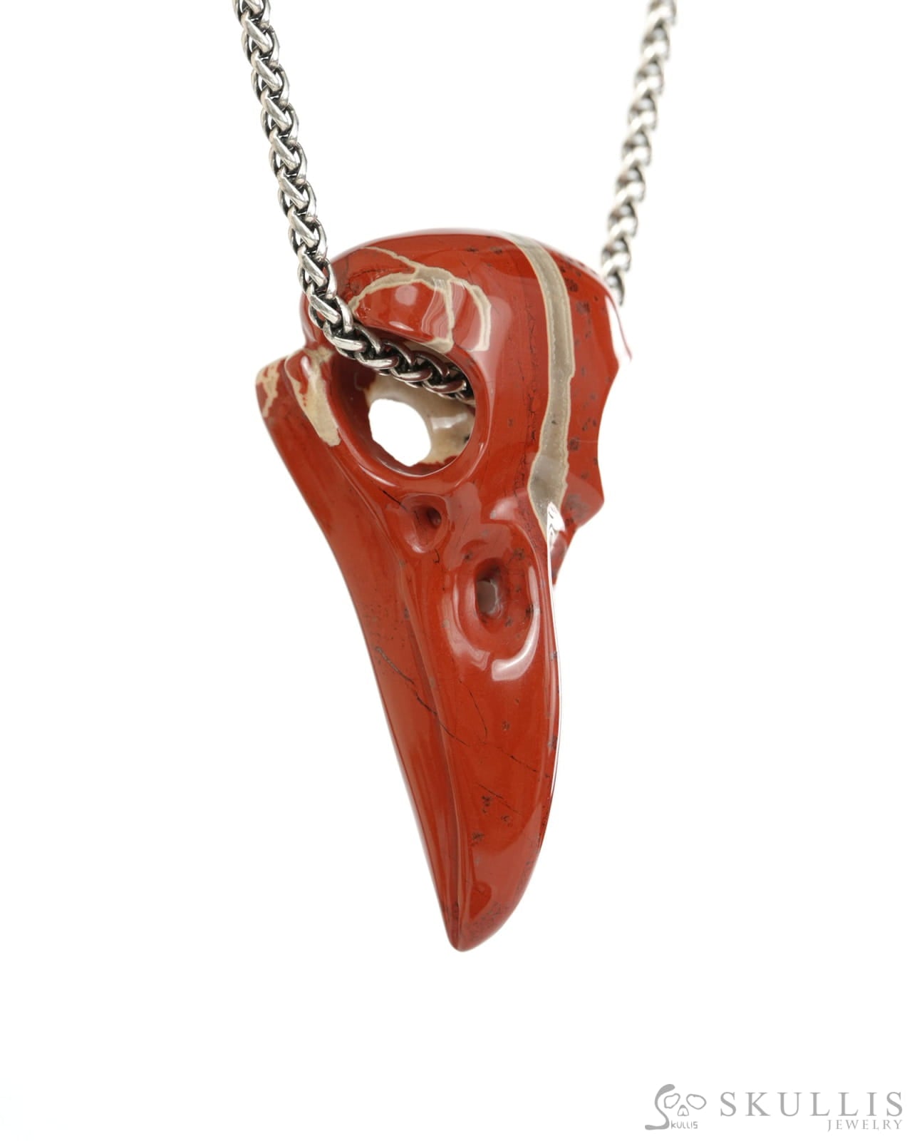 Night Pathfinder - Gem Raven Skull Pendant Necklace of Red Jasper Carved Raven Skull - 9900445 - Skull Pendants