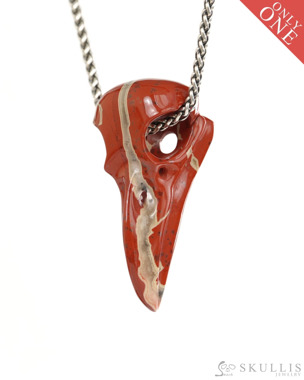 Night Pathfinder - Gem Raven Skull Pendant Necklace of Red Jasper Carved Raven Skull - 9900445 - Skull Pendants