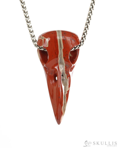 Night Pathfinder - Gem Raven Skull Pendant Necklace of Red Jasper Carved Raven Skull - 9900445 - Skull Pendants