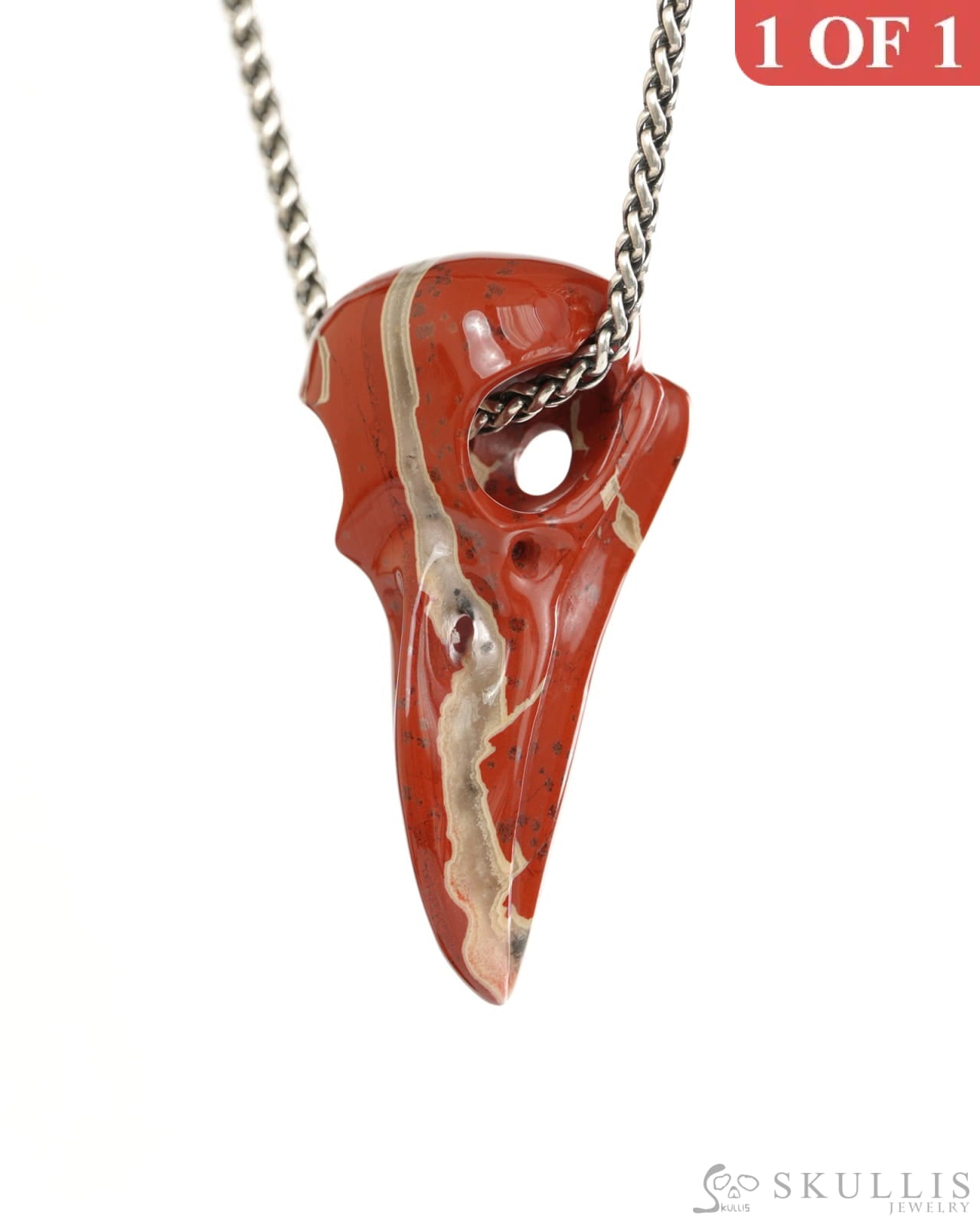 Night Pathfinder - Gem Raven Skull Pendant Necklace of Red Jasper Carved Raven Skull - 9900445 - Skull Pendants