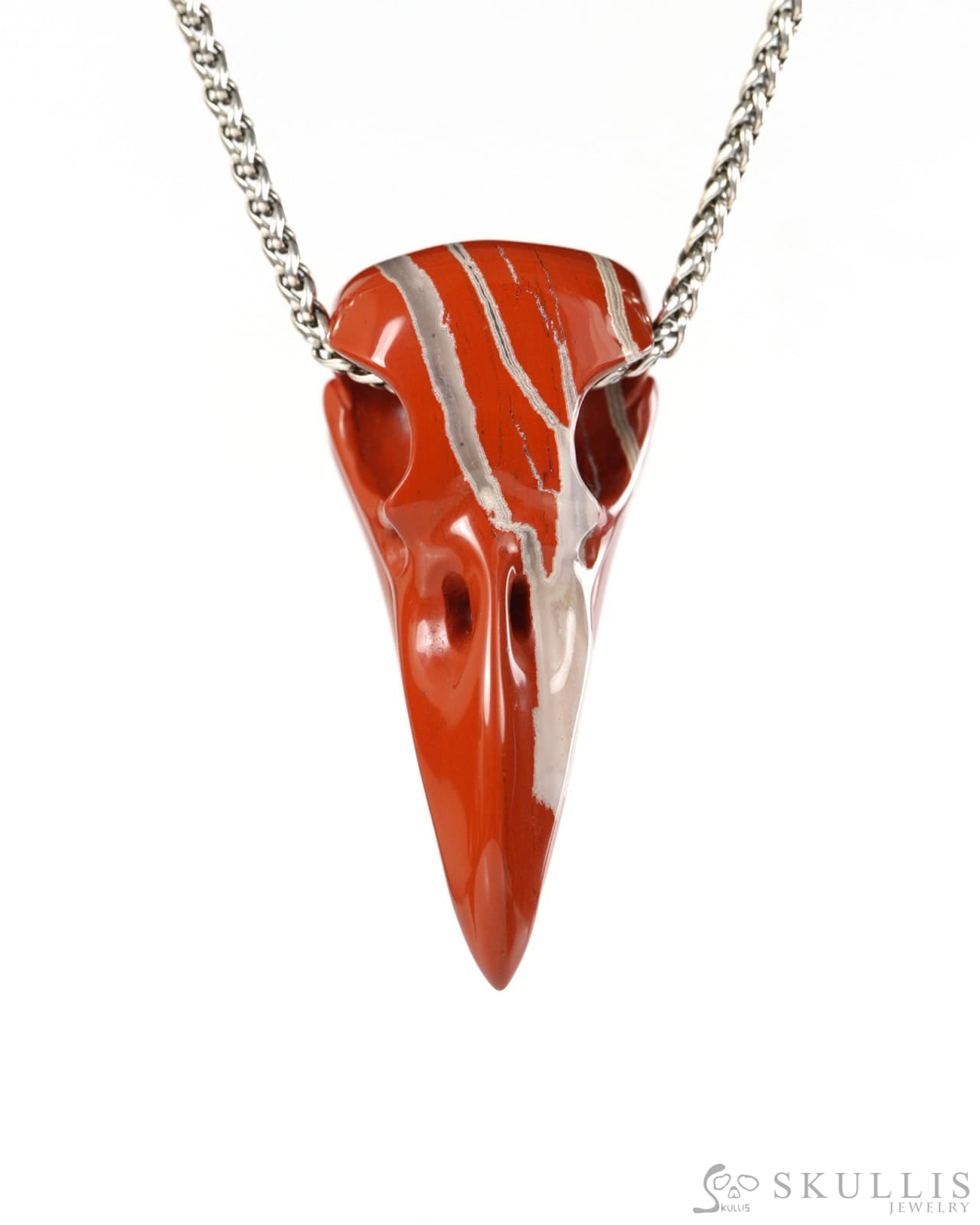 Night Pathfinder - Gem Raven Skull Pendant Necklace of Red Jasper Carved Raven Skull - 9900516 - Skull Pendants