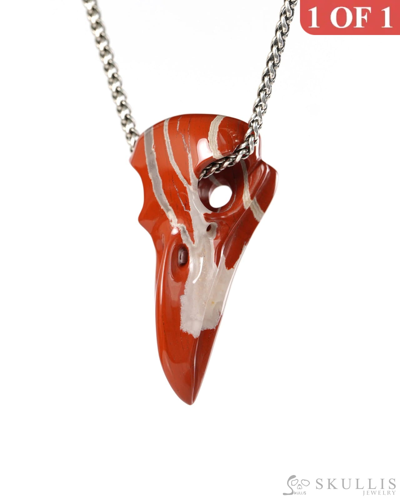 Night Pathfinder - Gem Raven Skull Pendant Necklace of Red Jasper Carved Raven Skull - 9900516 - Skull Pendants
