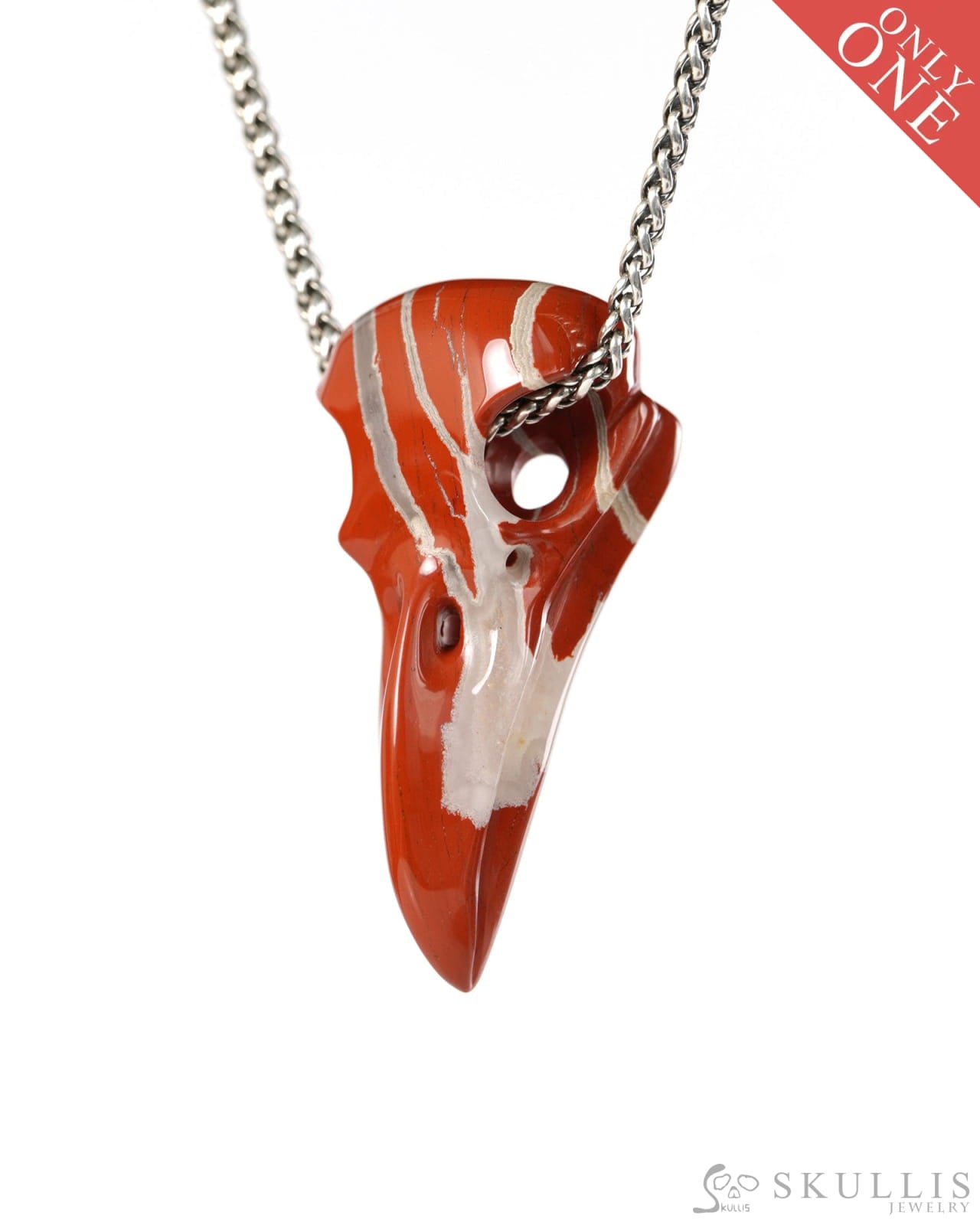 Night Pathfinder - Gem Raven Skull Pendant Necklace of Red Jasper Carved Raven Skull - 9900516 - Skull Pendants