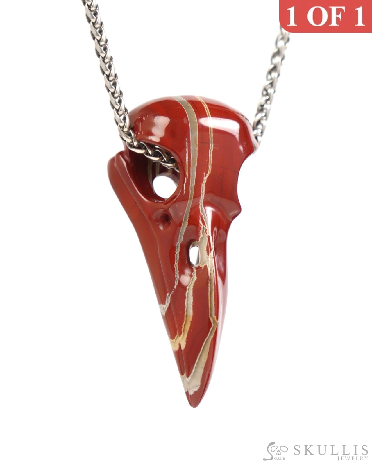Gem Raven Skull Pendant Necklace of Red Jasper Carved Raven Skull - ZR19900043 Skull Pendants