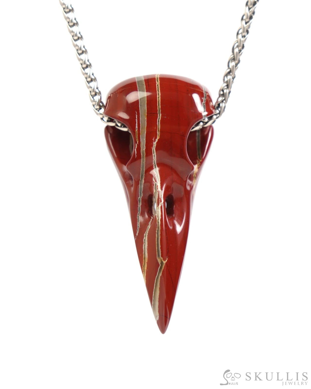 Gem Raven Skull Pendant Necklace of Red Jasper Carved Raven Skull - ZR19900043 Skull Pendants