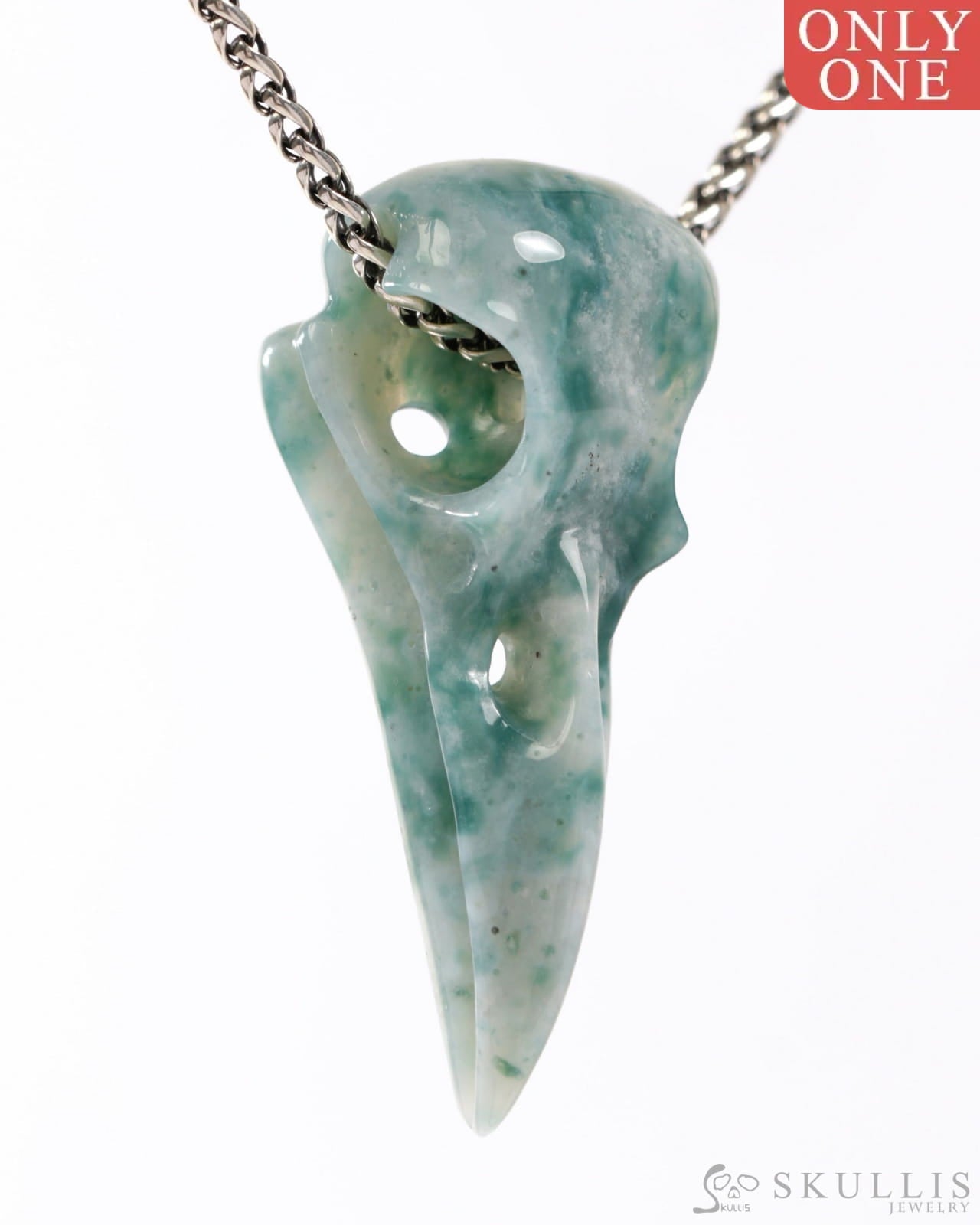 Rare Gem Skull Raven Pendant Necklace of Green Moss Agate Crystal Raven Pendant - 9500315 Skull Pendants