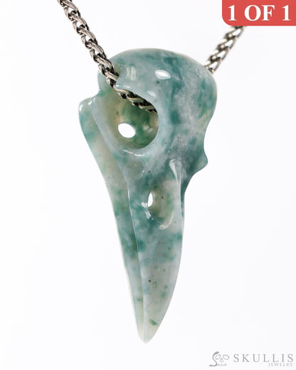 Rare Gem Skull Raven Pendant Necklace of Green Moss Agate Crystal Raven Pendant - 9500315 Skull Pendants