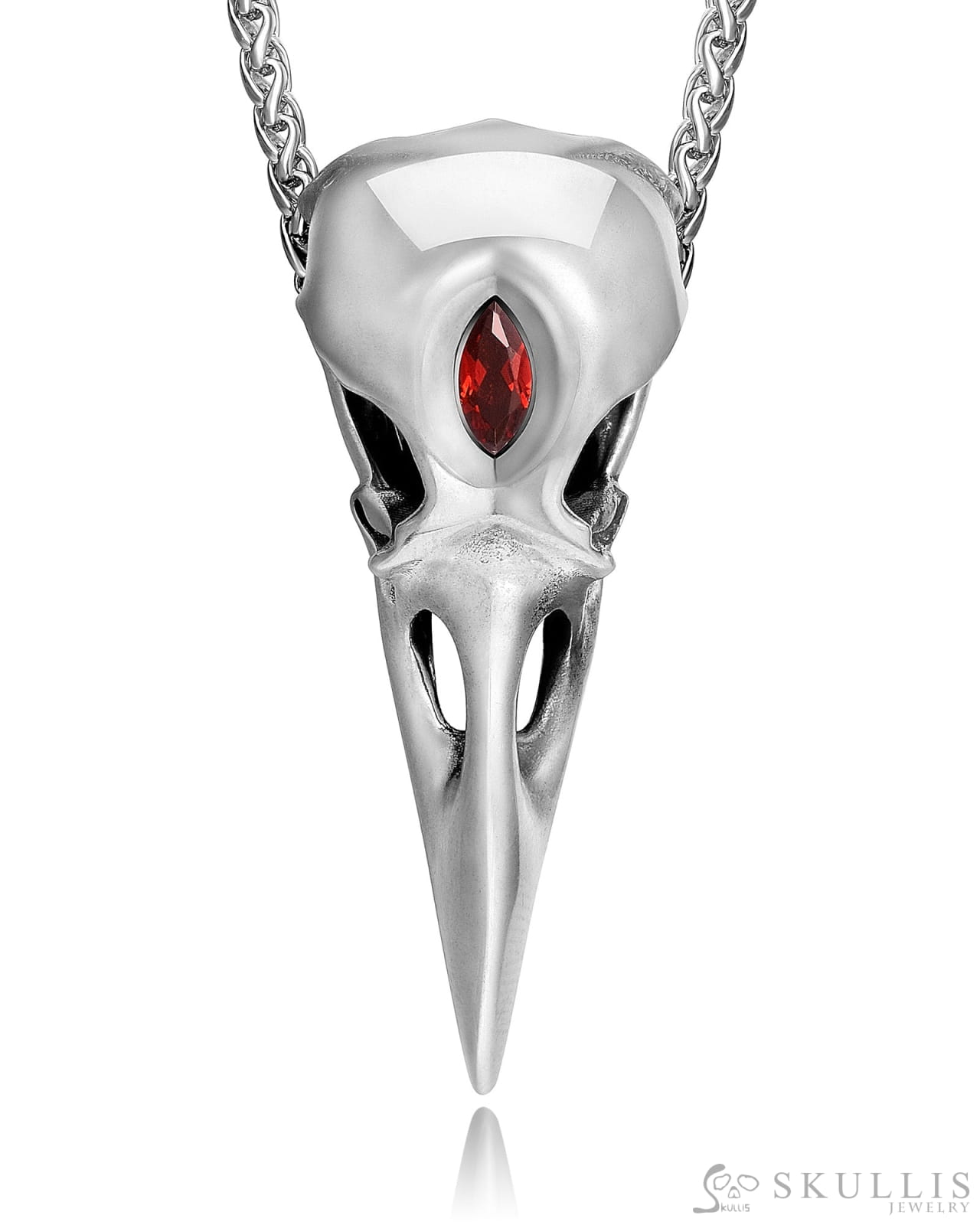 Raven Skull Pendant Necklace of 925 Sterling Silver with Garnet Inlay Skull Pendants