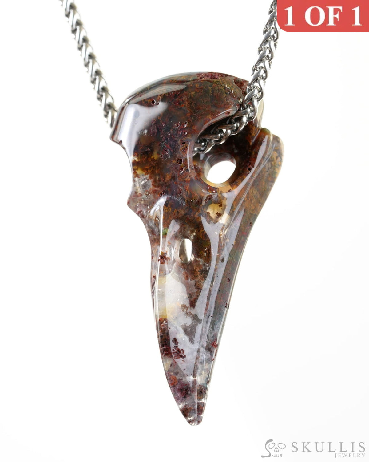 Skullis Signature Green Moss Agate Gem Raven Skull Pendant or Necklace Hand Carved Sterling Silver 925 Chain for Women