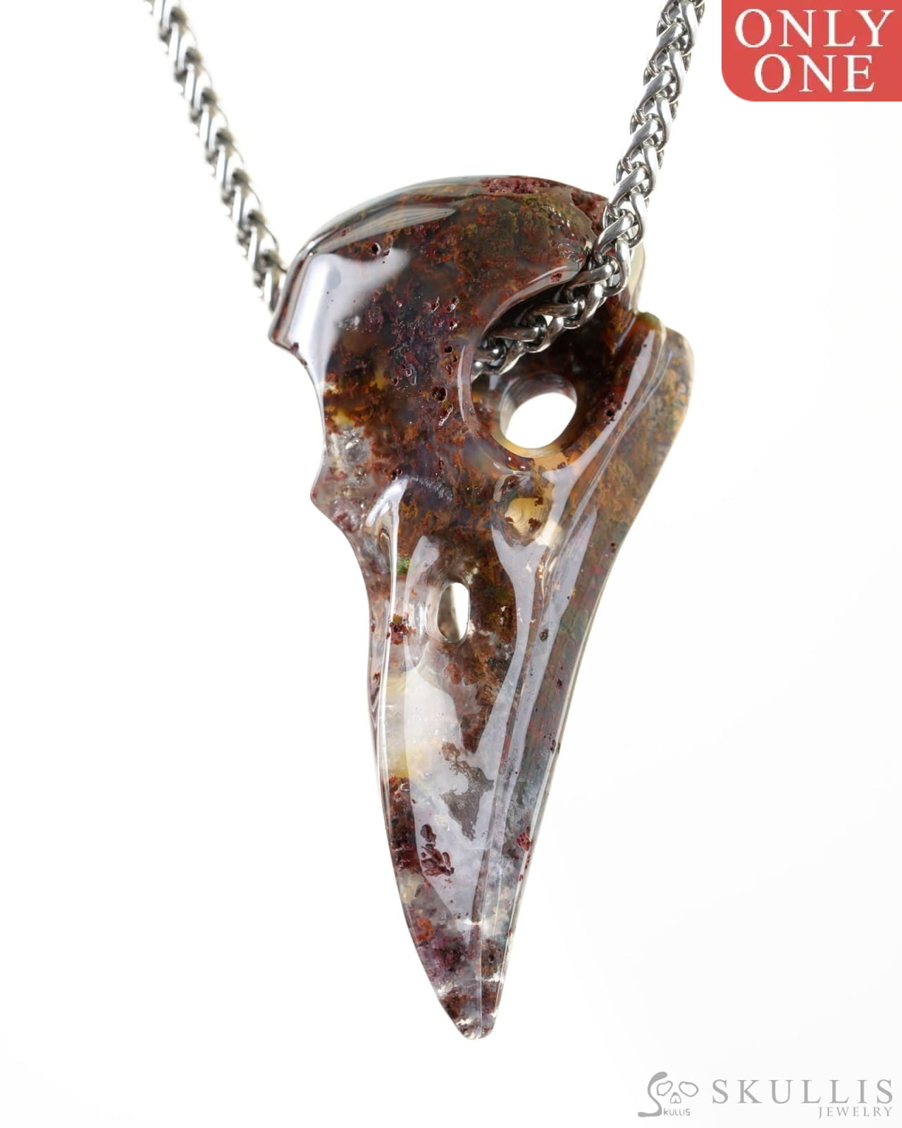 Skullis Signature Green Moss Agate Gem Raven Skull Pendant or Necklace Hand Carved Sterling Silver 925 Chain for Women