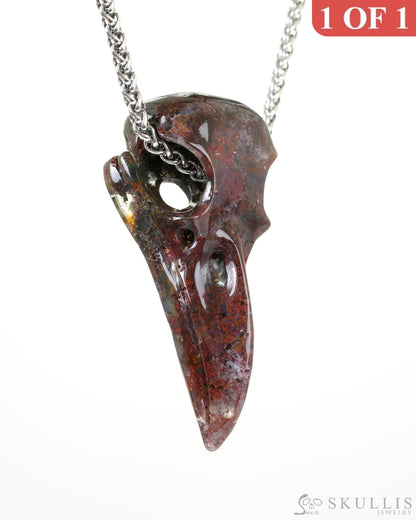 Skullis Signature Green Moss Agate Gem Raven Skull Pendant or Necklace Hand Carved Sterling Silver 925 Chain for Women