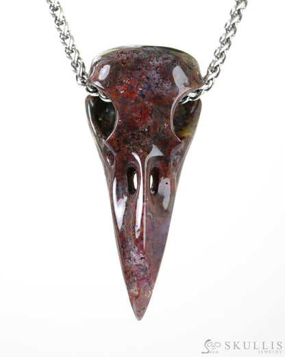 Skullis Signature Green Moss Agate Gem Raven Skull Pendant or Necklace Hand Carved Sterling Silver 925 Chain for Women