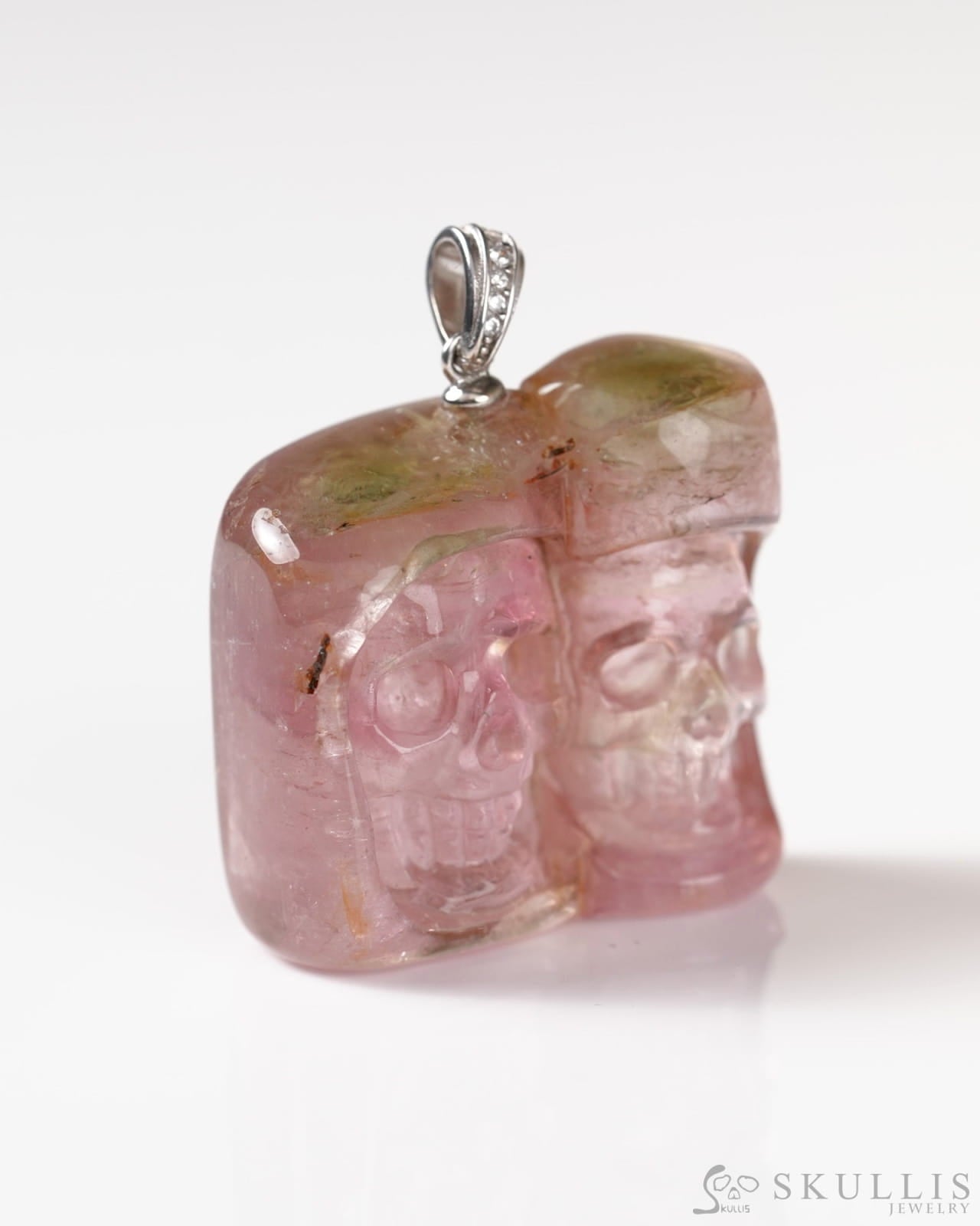 Skullis Signature Tourmaline Gem Skull Pendant or Necklace Hand Carved Sterling Silver 925 Chain for Women & Men
