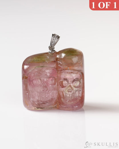 Skullis Signature Tourmaline Gem Skull Pendant or Necklace Hand Carved Sterling Silver 925 Chain for Women & Men
