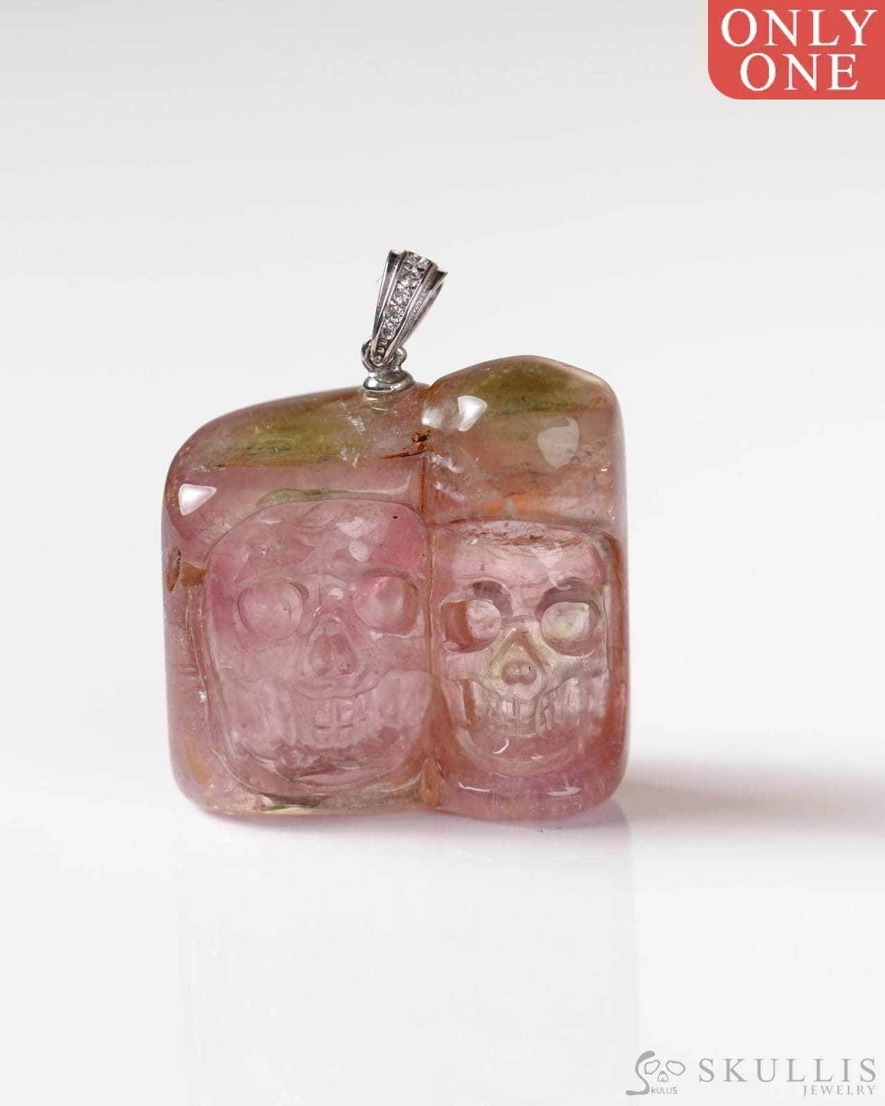 Skullis Signature Tourmaline Gem Skull Pendant or Necklace Hand Carved Sterling Silver 925 Chain for Women & Men