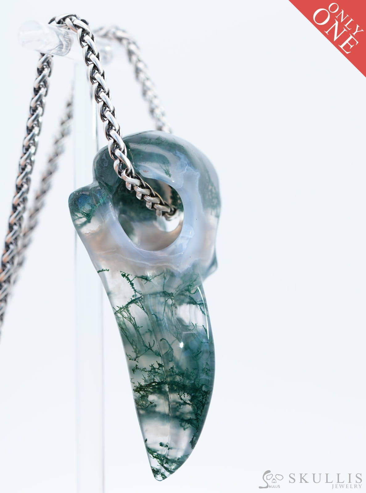 Skullis Signature Green Moss Agate Gem Skull Pendant Or Necklace Hand Carved Sterling Silver 925