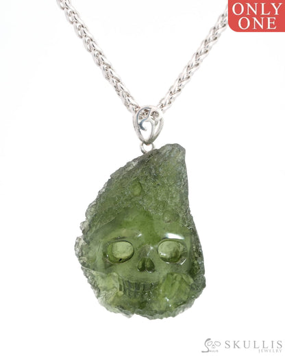 Skullis Signature Moldavite Gem Skull Pendant Or Necklace Hand Carved Sterling Silver 925 Chain For