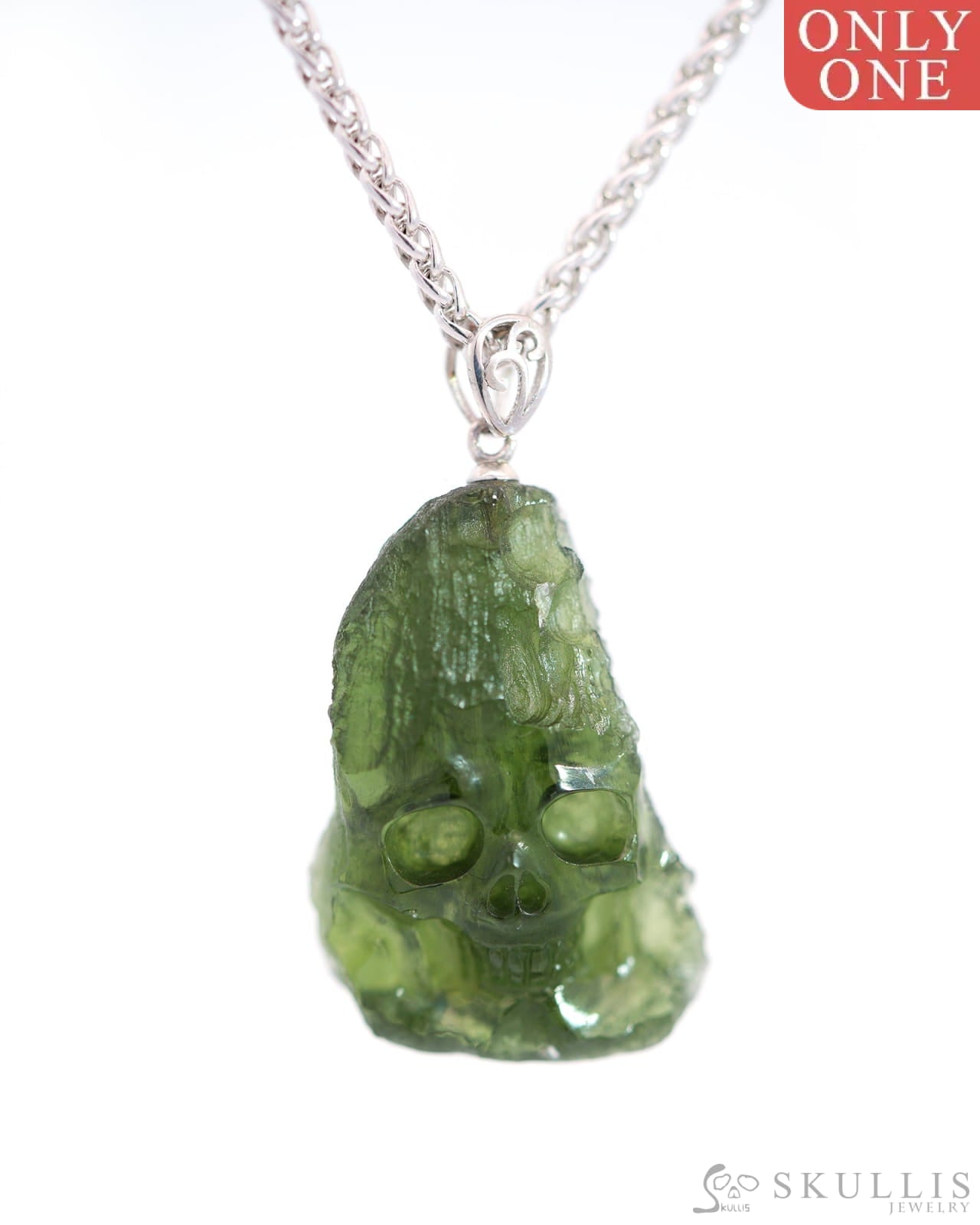 Skullis Signature Moldavite Gem Skull Pendant Or Necklace Hand Carved Sterling Silver 925 Chain For