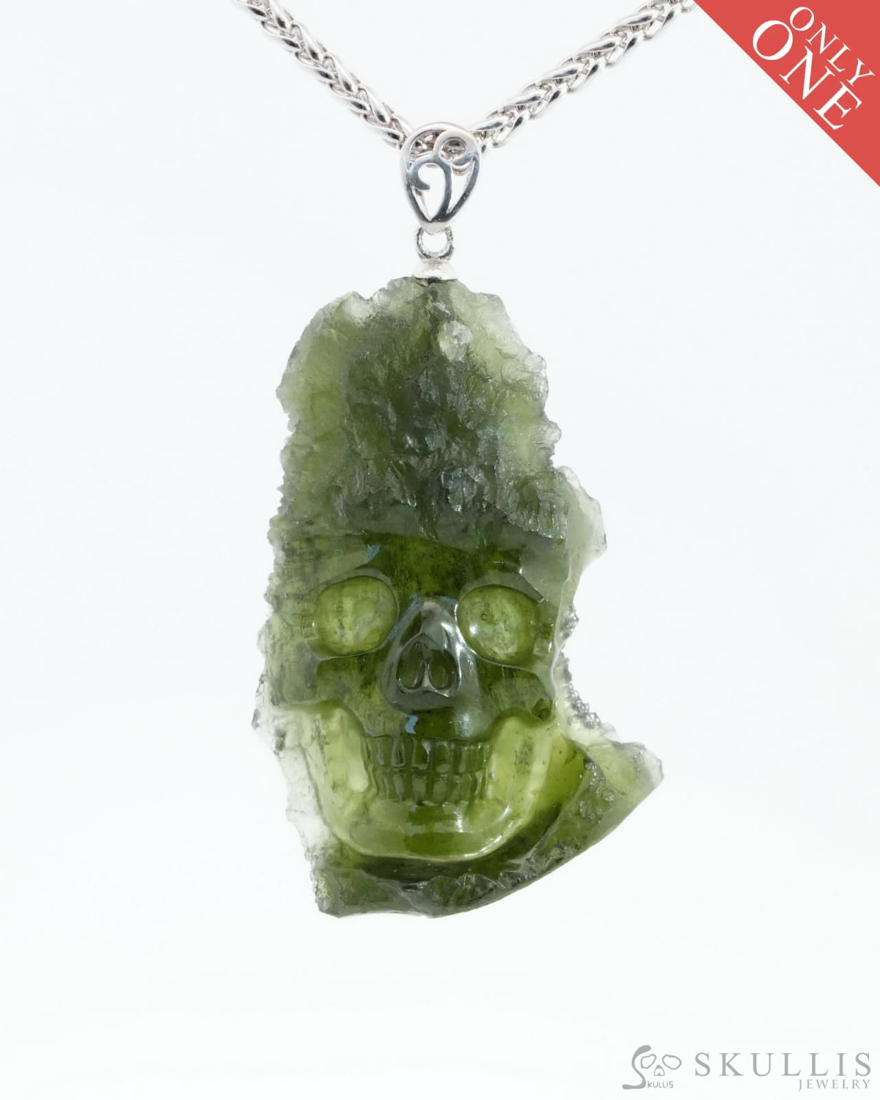 Skullis Signature Moldavite Gem Skull Pendant Or Necklace Hand Carved Sterling Silver 925 Chain For