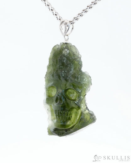 Skullis Signature Moldavite Gem Skull Pendant Or Necklace Hand Carved Sterling Silver 925 Chain For