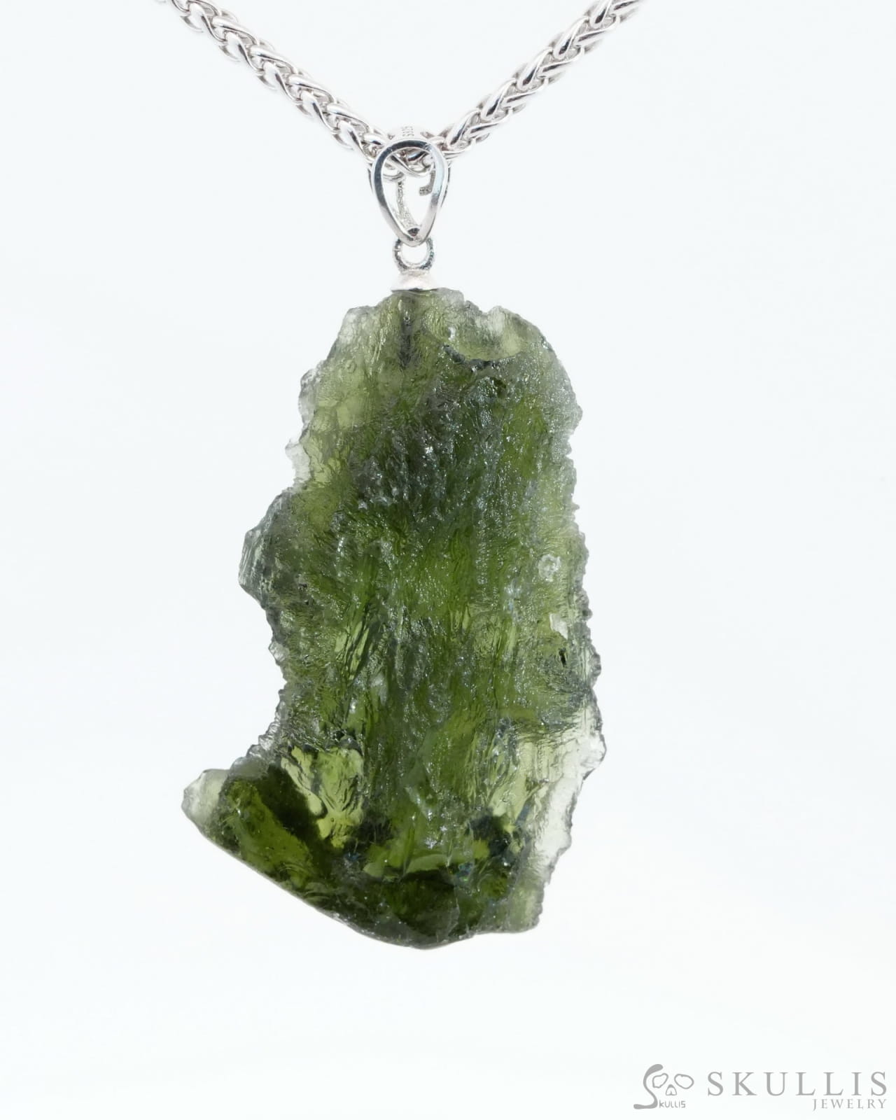 Skullis Signature Moldavite Gem Skull Pendant Or Necklace Hand Carved Sterling Silver 925 Chain For