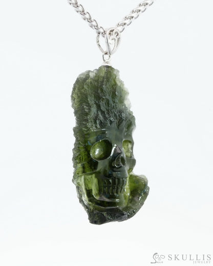 Skullis Signature Moldavite Gem Skull Pendant Or Necklace Hand Carved Sterling Silver 925 Chain For