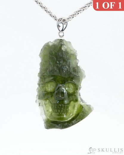 Skullis Signature Moldavite Gem Skull Pendant Or Necklace Hand Carved Sterling Silver 925 Chain For
