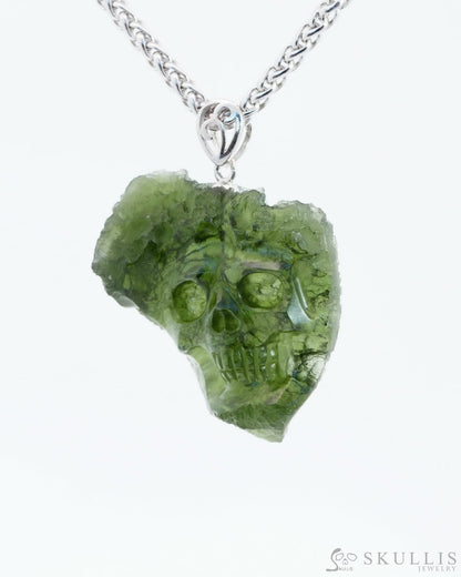 Skullis Signature Moldavite Gem Skull Pendant Or Necklace Hand Carved Sterling Silver 925 Chain For