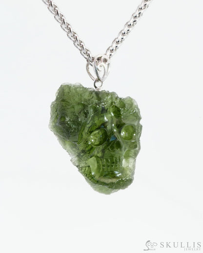 Skullis Signature Moldavite Gem Skull Pendant Or Necklace Hand Carved Sterling Silver 925 Chain For