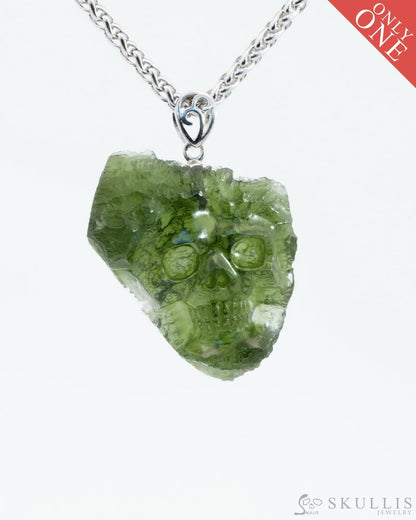 Skullis Signature Moldavite Gem Skull Pendant Or Necklace Hand Carved Sterling Silver 925 Chain For