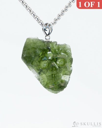Skullis Signature Moldavite Gem Skull Pendant Or Necklace Hand Carved Sterling Silver 925 Chain For