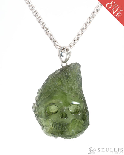 Skullis Signature Moldavite Gem Skull Pendant Or Necklace Hand Carved Sterling Silver 925 Chain For