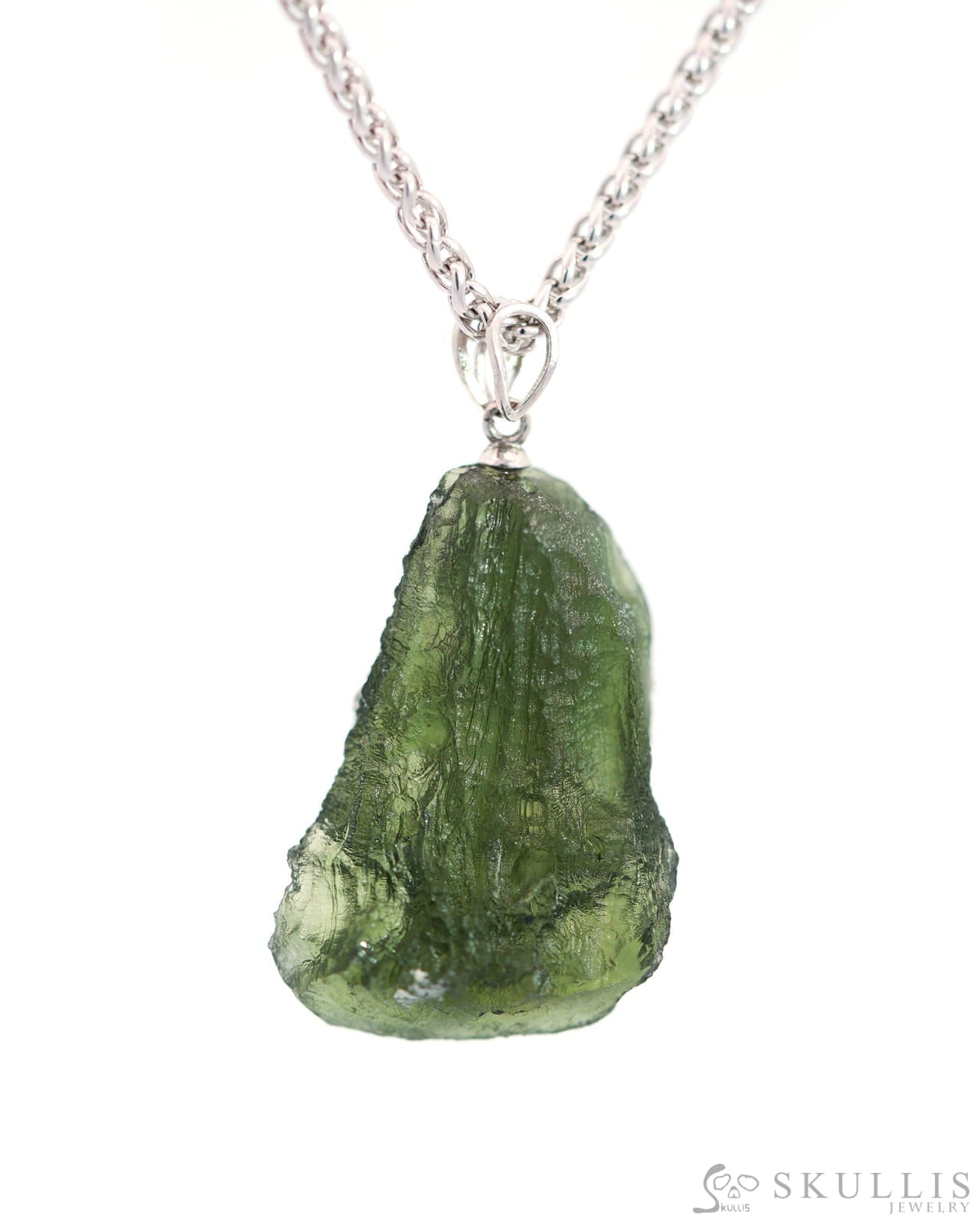 Skullis Signature Moldavite Gem Skull Pendant Or Necklace Hand Carved Sterling Silver 925 Chain For