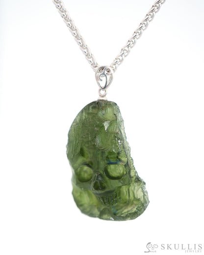 Skullis Signature Moldavite Gem Skull Pendant Or Necklace Hand Carved Sterling Silver 925 Chain For