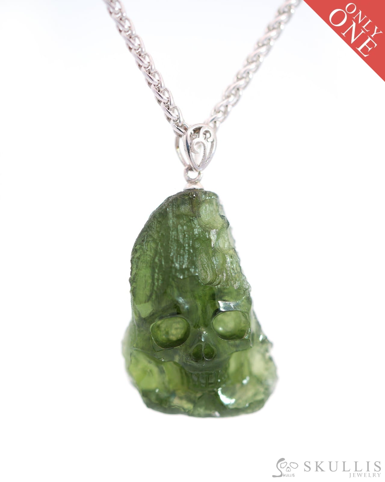 Skullis Signature Moldavite Gem Skull Pendant Or Necklace Hand Carved Sterling Silver 925 Chain For