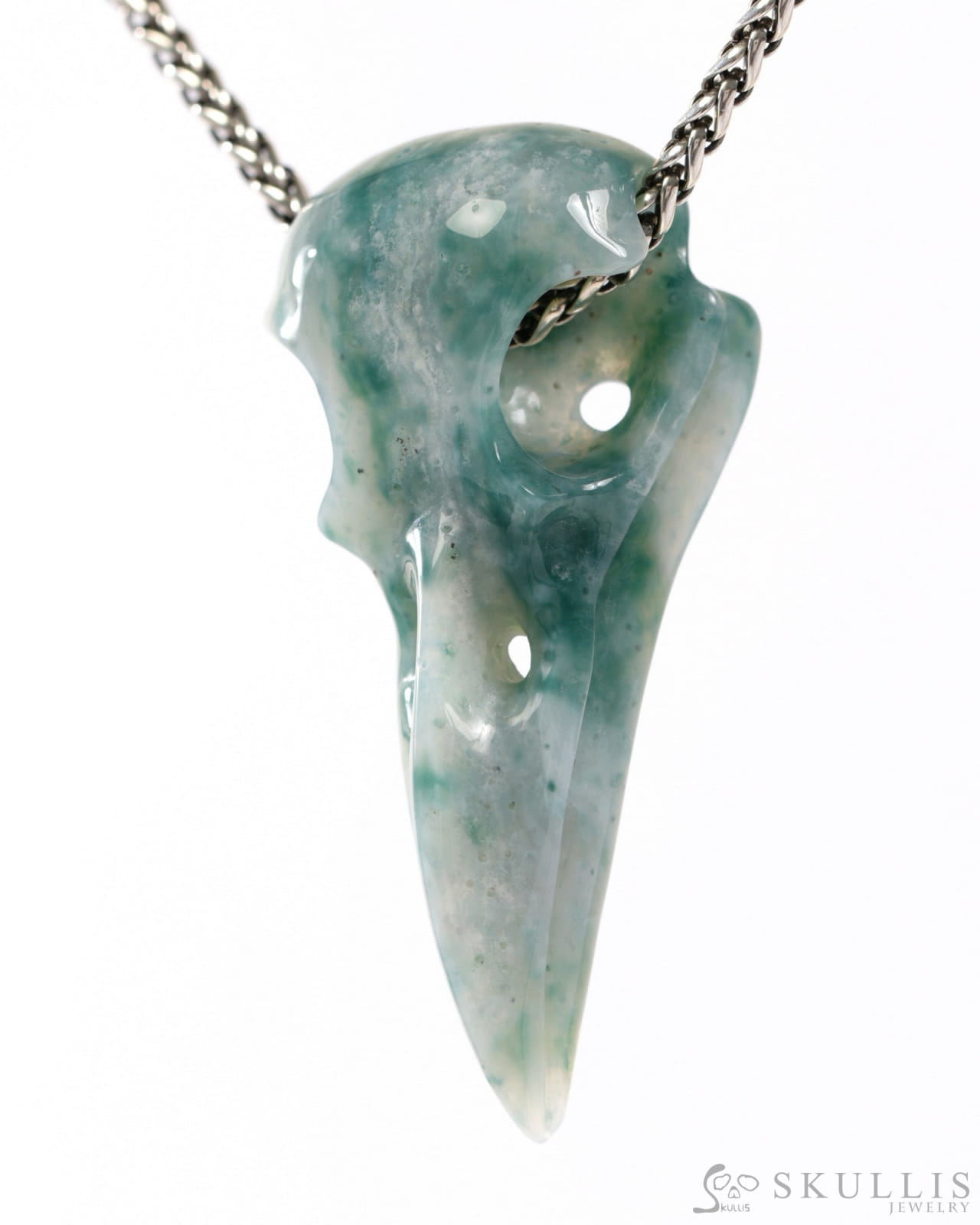 Rare Gem Skull Raven Pendant Necklace of Green Moss Agate Crystal Raven Pendant - 9500315 Skull Pendants