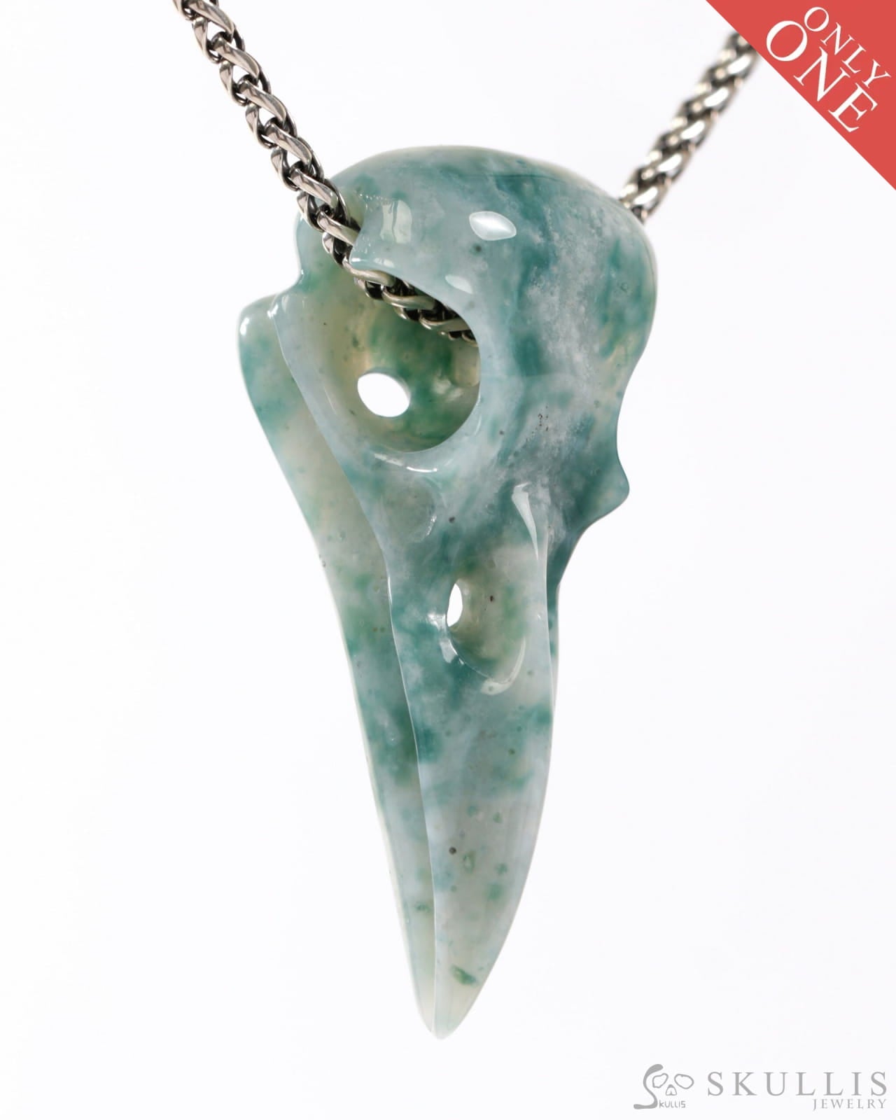 Rare Gem Skull Raven Pendant Necklace of Green Moss Agate Crystal Raven Pendant - 9500315 Skull Pendants