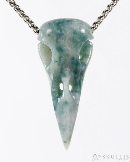 Rare Gem Skull Raven Pendant Necklace of Green Moss Agate Crystal Raven Pendant - 9500315 Skull Pendants