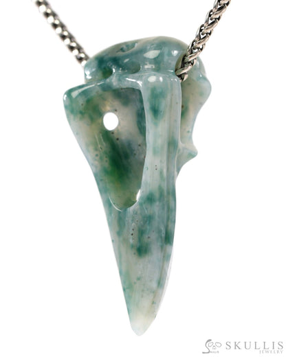 Rare Gem Skull Raven Pendant Necklace of Green Moss Agate Crystal Raven Pendant - 9500315 Skull Pendants