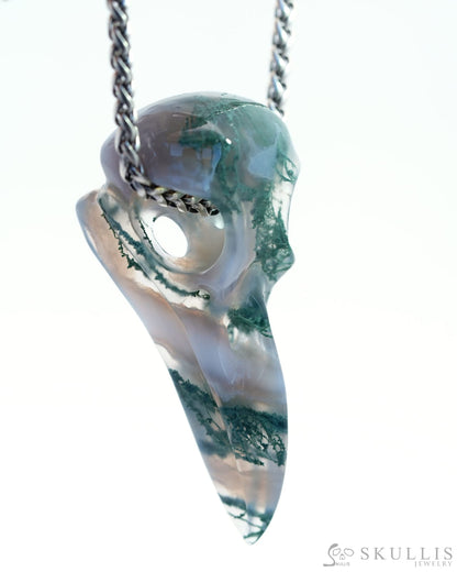 Skullis Signature Green Moss Agate Gem Skull Pendant Or Necklace Hand Carved Sterling Silver 925