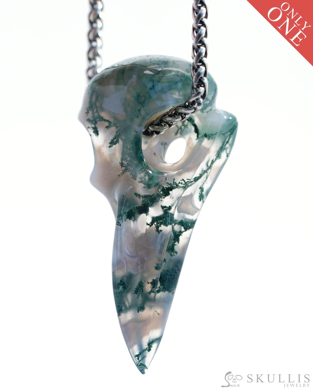 Skullis Signature Green Moss Agate Gem Skull Pendant Or Necklace Hand Carved Sterling Silver 925