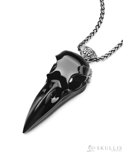 Raven Skull Hidden Sword-Gem Raven Skull Pendant Necklace of Black Obsidian Carved Raven Skull with Silver Sword