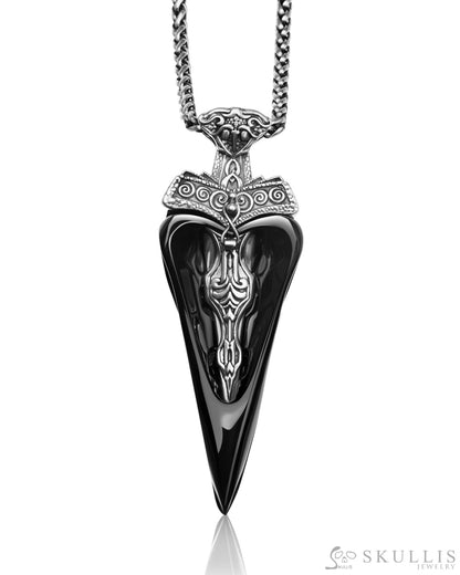 Raven Skull Hidden Sword-Gem Raven Skull Pendant Necklace of Black Obsidian Carved Raven Skull with Silver Sword