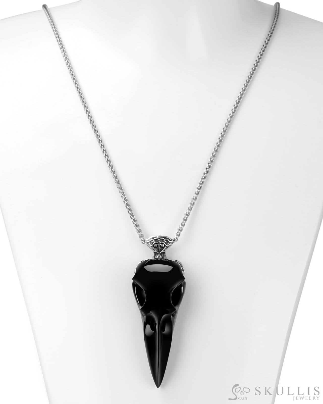 Raven Skull Hidden Sword-Gem Raven Skull Pendant Necklace of Black Obsidian Carved Raven Skull with Silver Sword
