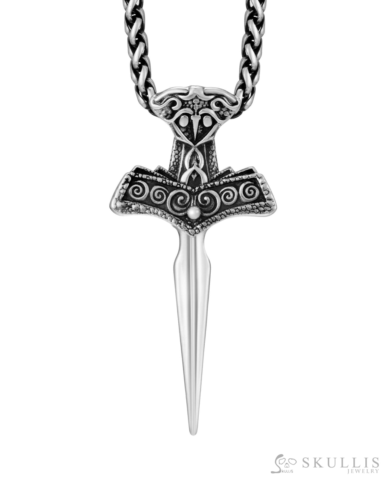 Raven Skull Hidden Sword-Gem Raven Skull Pendant Necklace of Black Obsidian Carved Raven Skull with Silver Sword