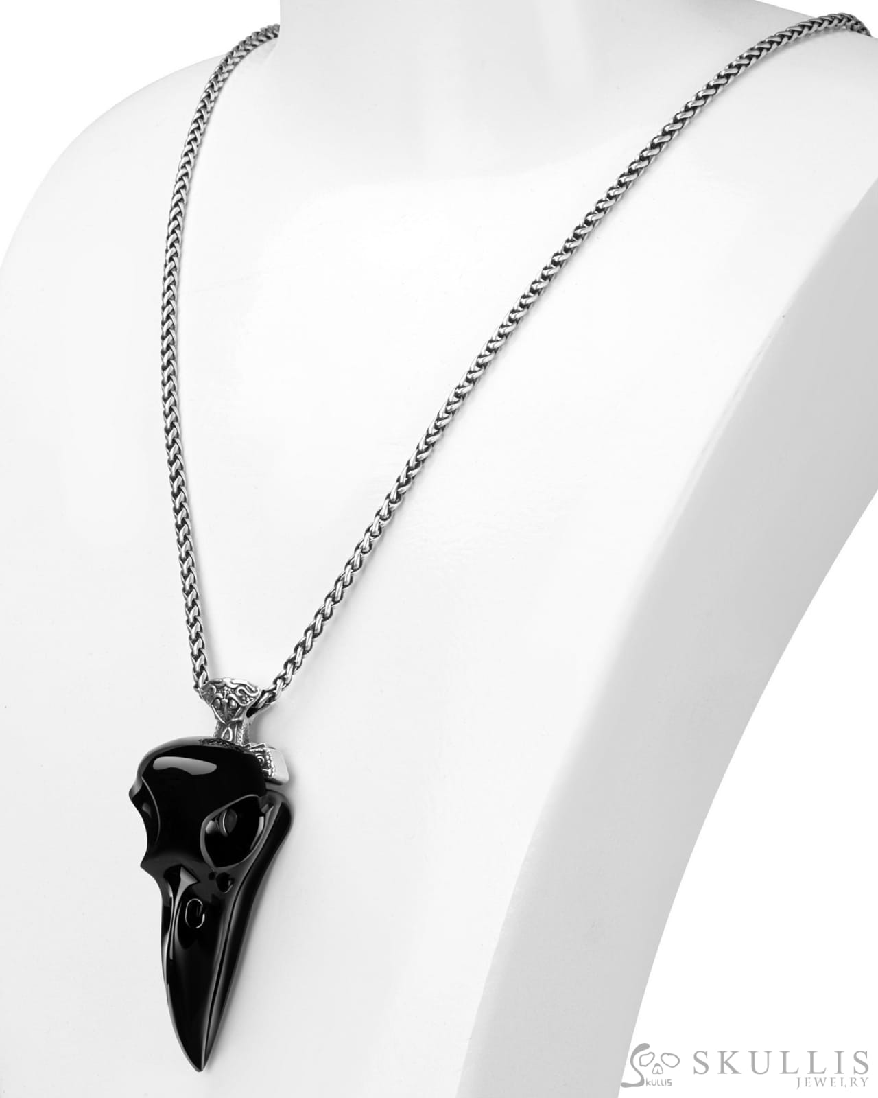 Raven Skull Hidden Sword-Gem Raven Skull Pendant Necklace of Black Obsidian Carved Raven Skull with Silver Sword