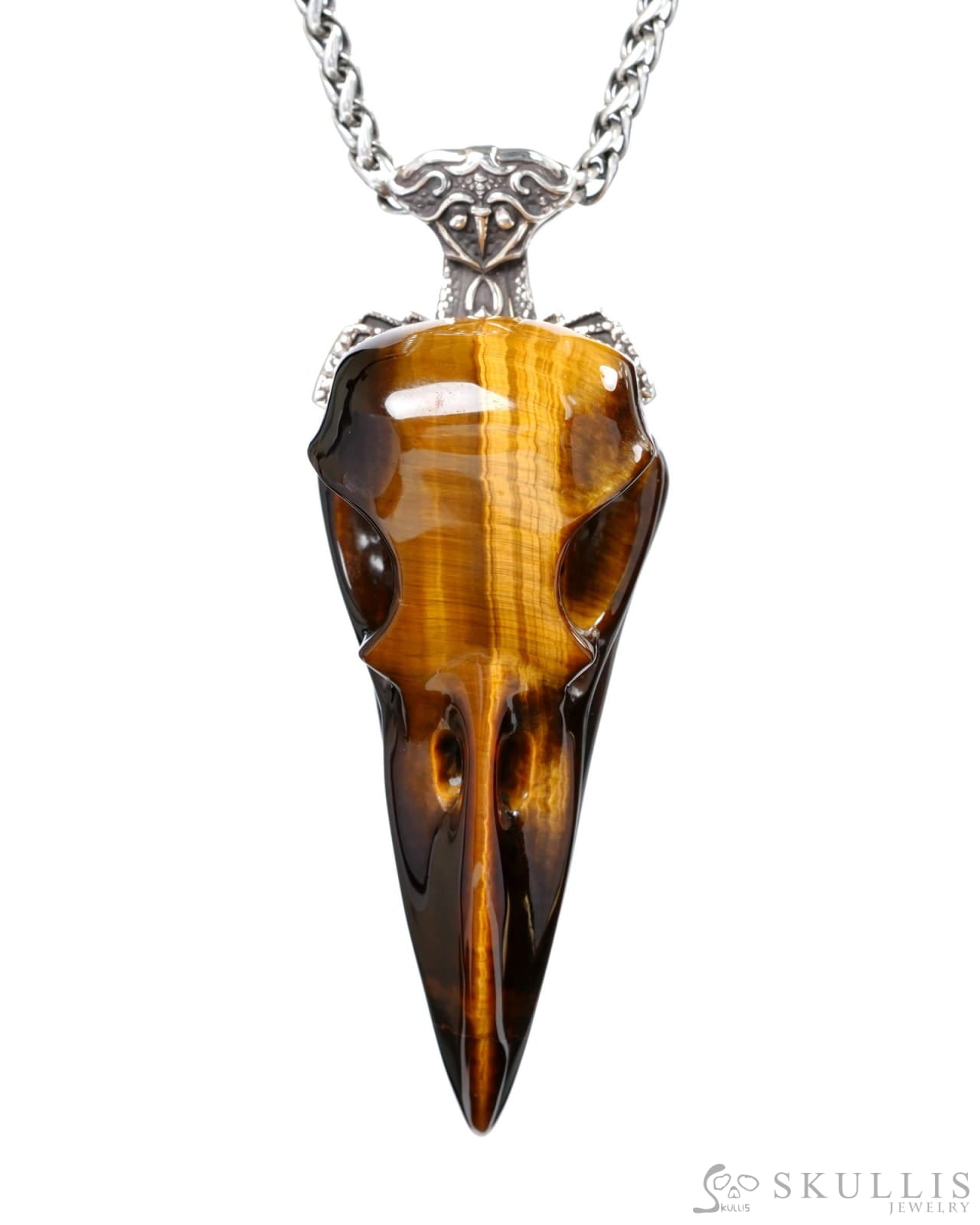 Gem Raven Skull Pendant Necklace of Gold Tiger’s Eye Carved Raven Skull with Silver Sword Necklace Skull Pendants
