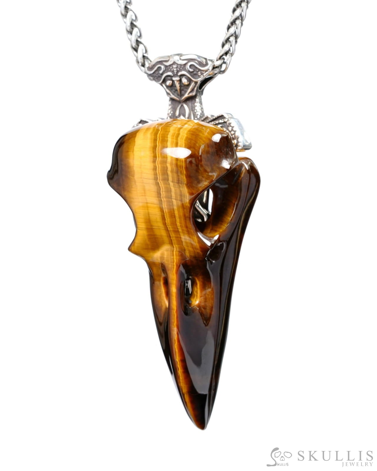 Raven Skull Hidden Sword - Gem Raven Skull Pendant Necklace of Gold Tiger’s Eye Carved Raven Skull with Silver Sword