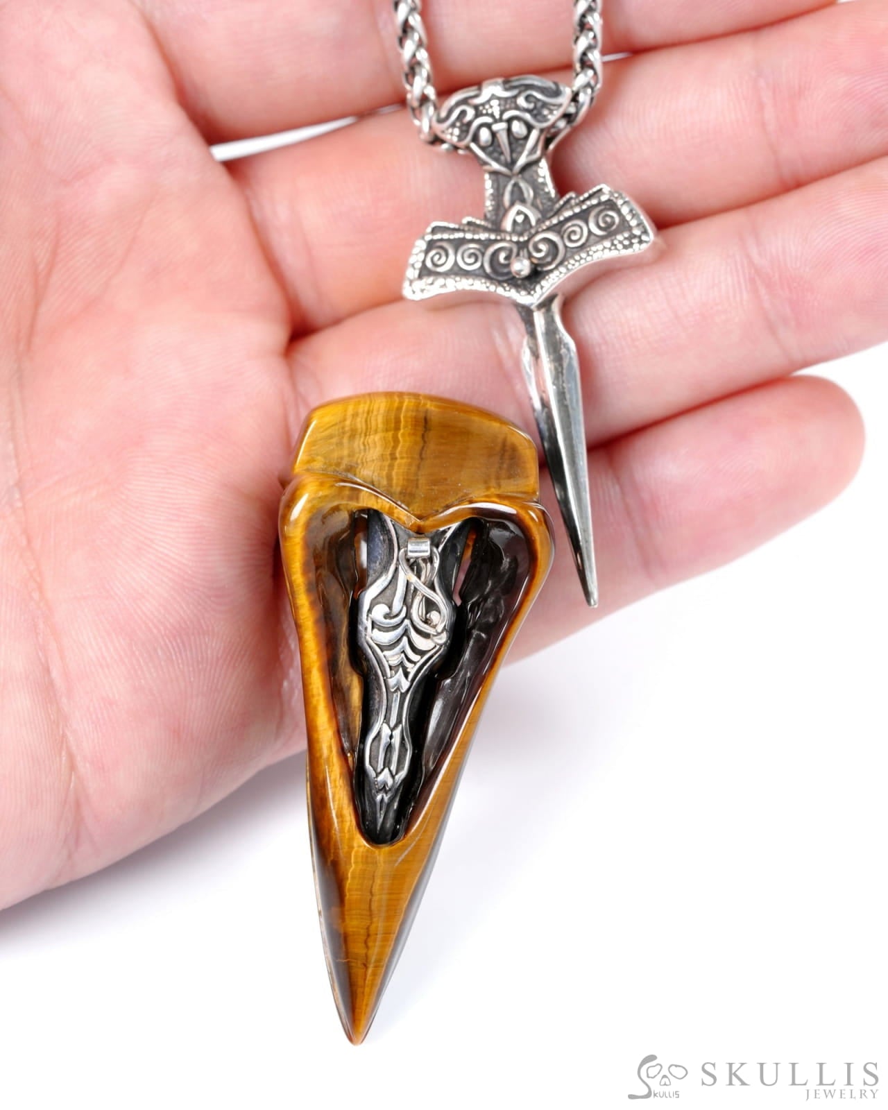 Raven Skull Hidden Sword - Gem Raven Skull Pendant Necklace of Gold Tiger’s Eye Carved Raven Skull with Silver Sword