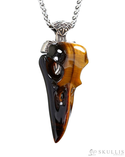Gem Raven Skull Pendant Necklace of Gold Tiger’s Eye Carved Raven Skull with Silver Sword Necklace Skull Pendants